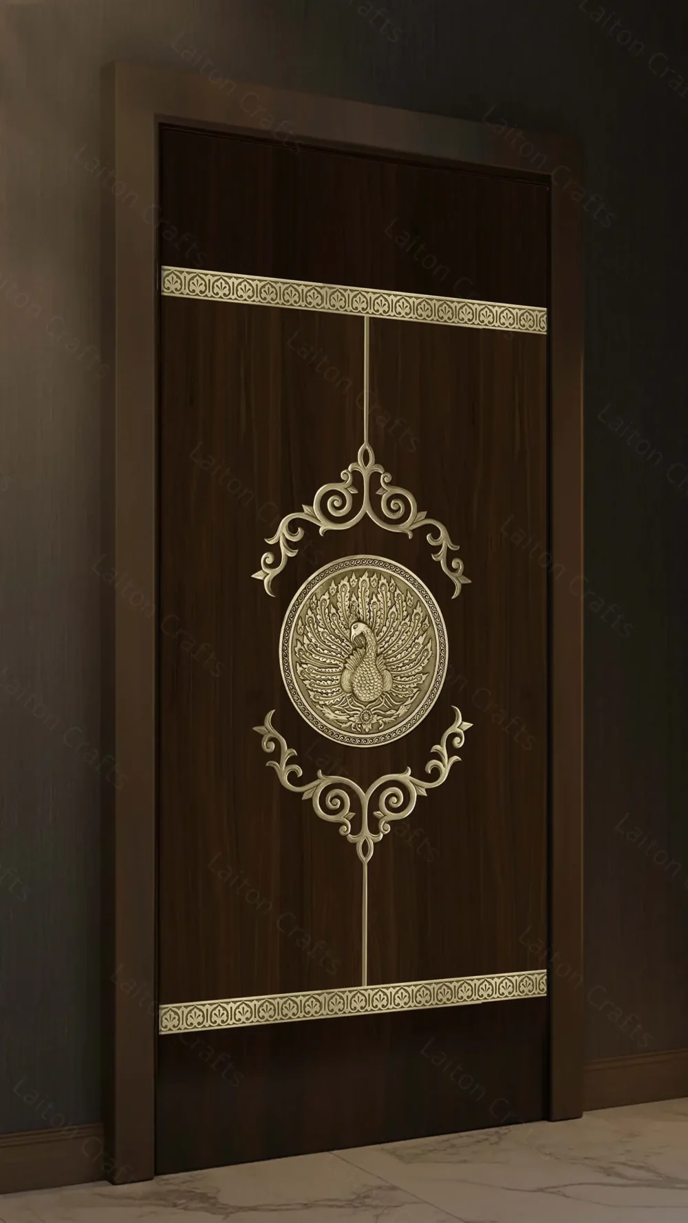 Traditional Peacock Medallion Brass Panel with Ornamental Frame | Antique Finish Decorative Brass Artwork