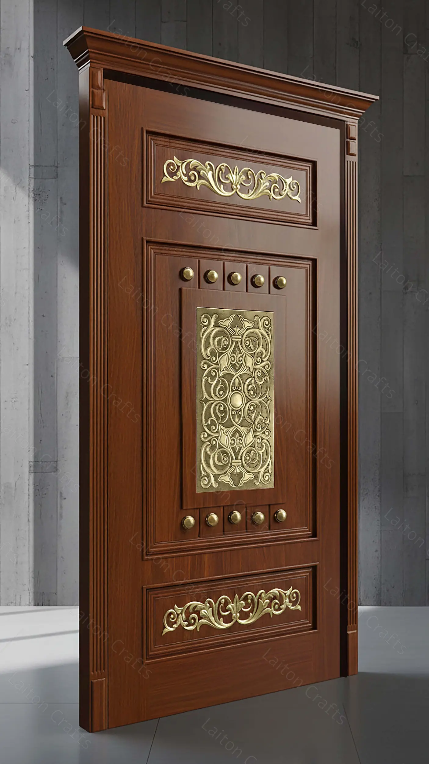 Traditional Ornamental Brass Panel Door Design | Decorative Grill and Studded Accent Composition